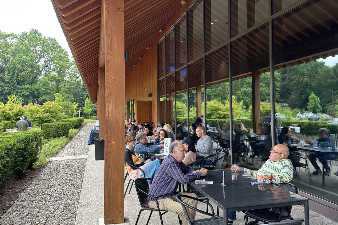 Guests on the terrace at Dassai Blue Sake Brewery, Hyde Park, NY