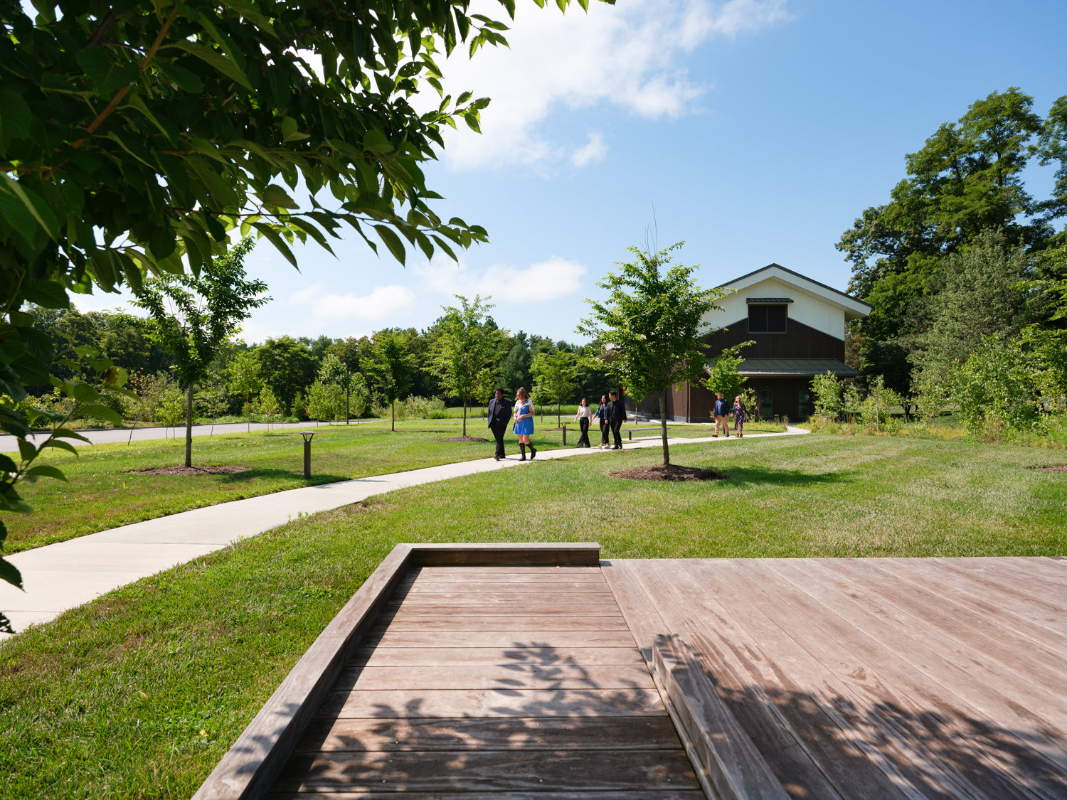 Wooden deck outside with people walking on a path and trees  and the Rice Polishing Building in the background