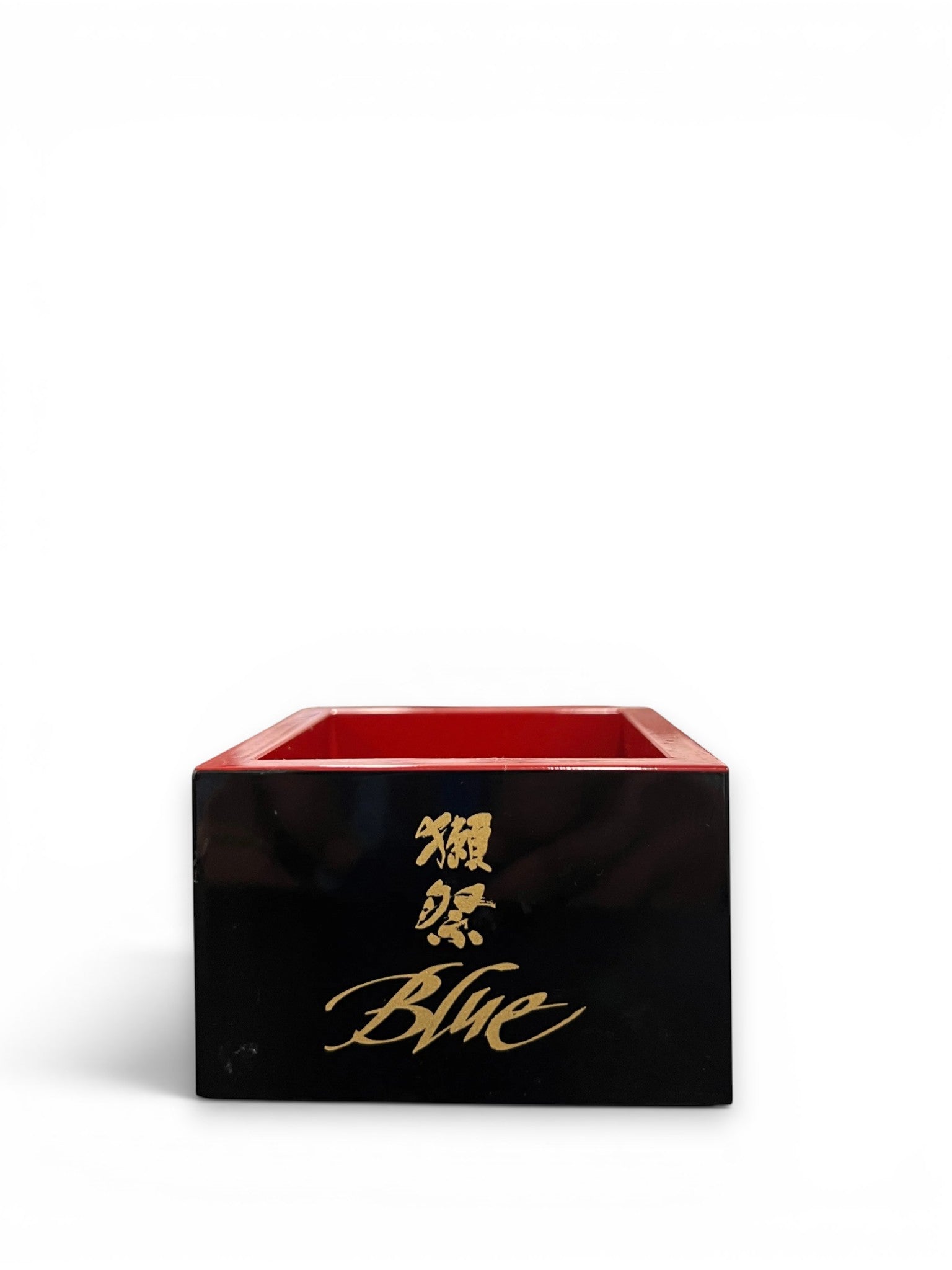 Dassai Blue traditional wooden Masu cup in black with red interior and gold logo detailing